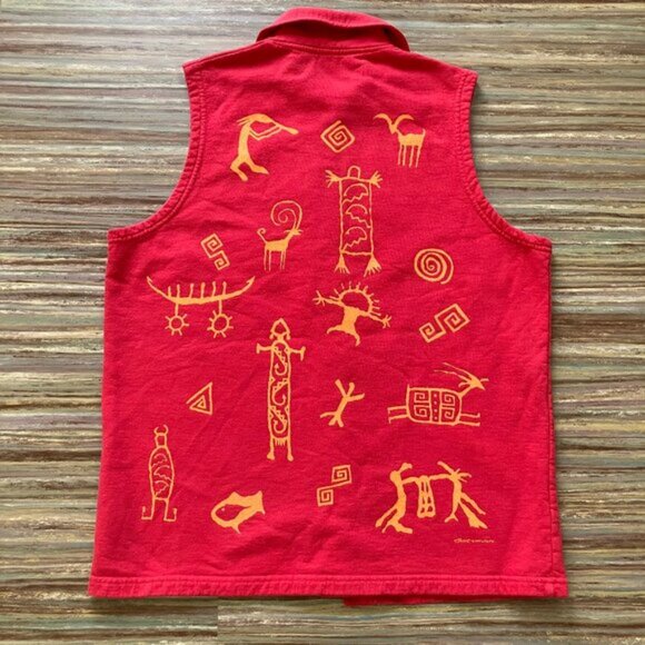 Bfofo Red Sleeveless Vest Top Button Front Pictograph Print Vintage Southwestern - Picture 5 of 7
